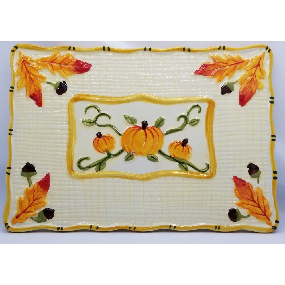 Fall Temptations by Tara Rectangle Tray Trivet Ceramic Pumpkin Autumn Acorn 6x9